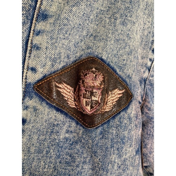 Vintage TRIM Sherpa Lined Acid Wash Denim Bomber Jacket Men’s L Aviator Patch - Picture 12 of 16